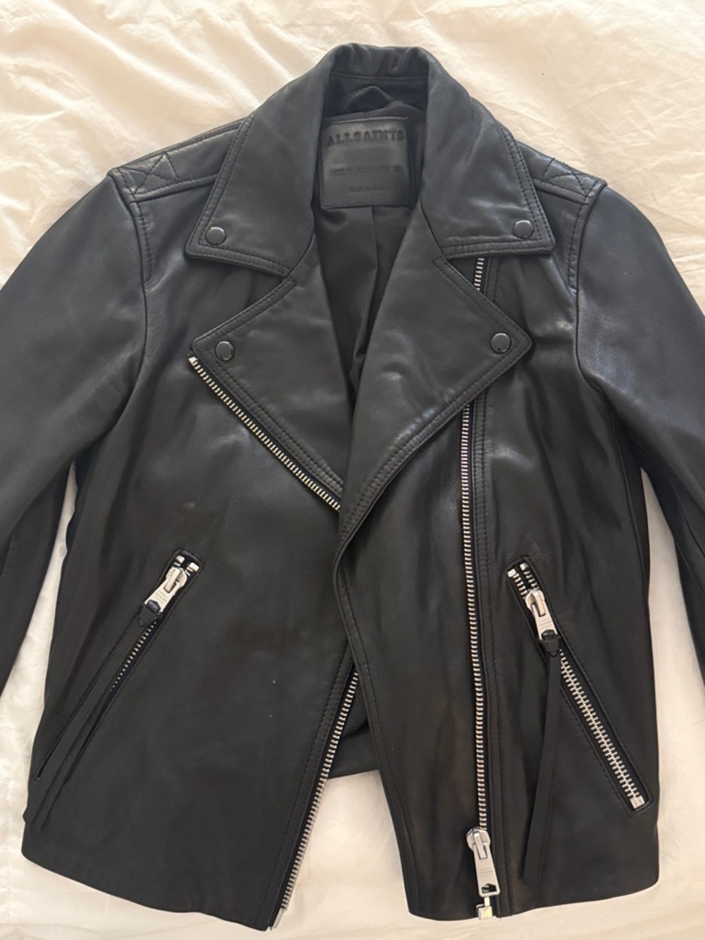 All Saints Black Leather Moto Jacket with Silver Hardware